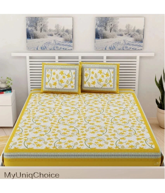 Uniqchoice Cotton Floral Double Bedsheet with 2 Pillow Covers- Yellow - Yellow