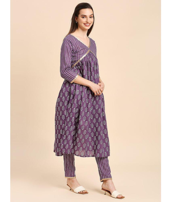 gufrina Cotton Printed Kurti With Pants Womens Stitched Salwar Suit - Purple ( Pack of 1 ) - None