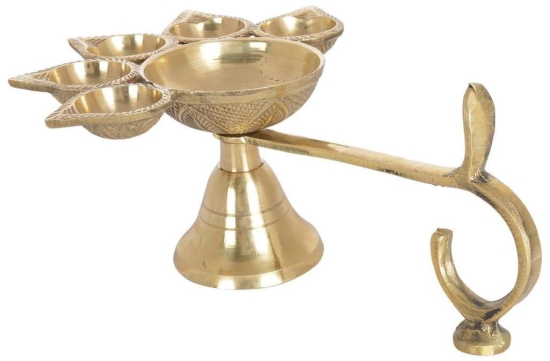 DOKCHAN Pure Brass Panch Aarti Lamp Pancharti Diya Oil Lamp Puja Aarti Diya Panch Mukhi Aarti Deepak Oil Lamp Puja Accessory for Gifting and Religious Purpose 5 Face Brass Diya Lamp