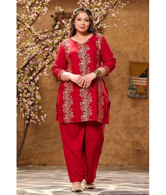 PrettyPlus by Desinoor.com Red Printed Pant Top Set - None