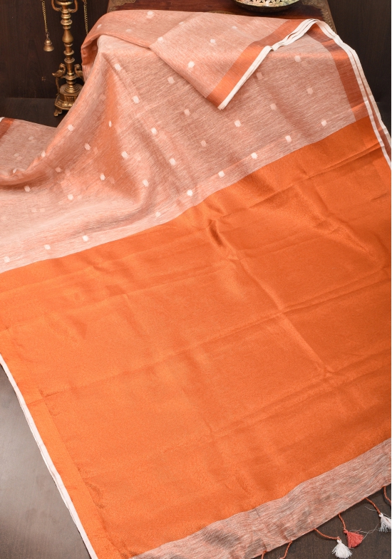 Peach Copper Tissue Linen Saree with Chunri Buttas and Tissue Pallu