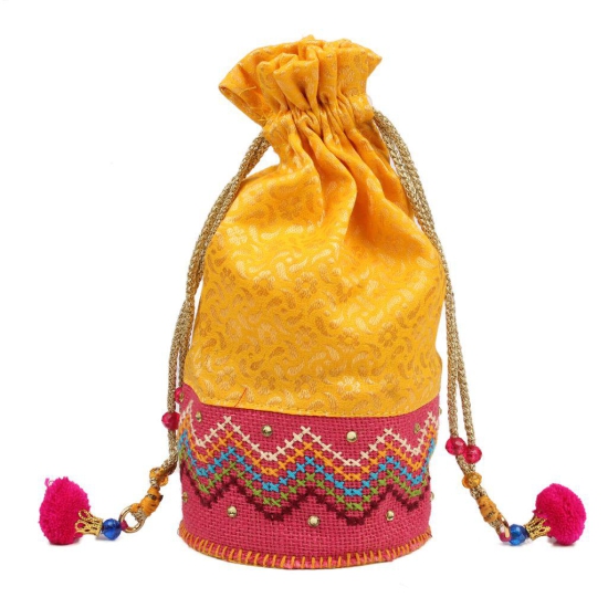 Tribes India Hand Embroidered Round Potli (Yellow)