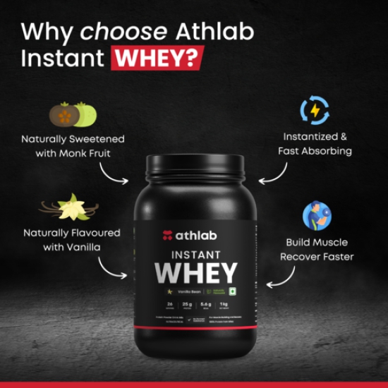 Athlab (by Nutrabay) Instant Whey Protein| Naturally Flavoured & Sweetened with Monk Fruit | No Preservatives, 25g Protein - Vanilla Bean, 1 kg