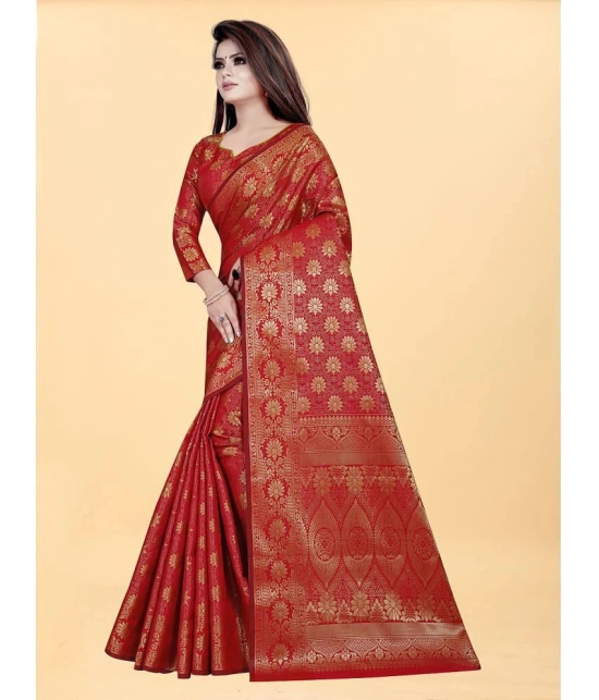 Gazal Fashions - Red Banarasi Silk Saree With Blouse Piece ( Pack of 1 ) - Red