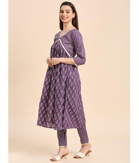 gufrina Cotton Printed Kurti With Pants Womens Stitched Salwar Suit - Purple ( Pack of 1 ) - None