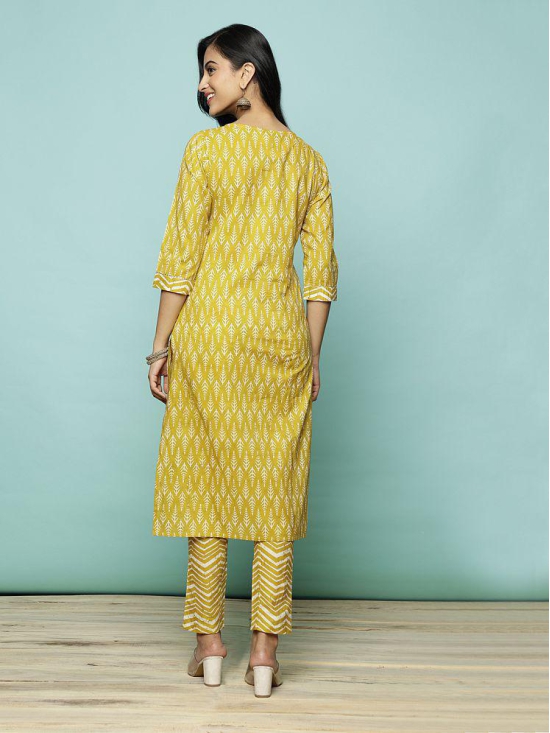 Rangita Women Cotton Mustard Sequined Calf Length Straight Kurti With Pants - None