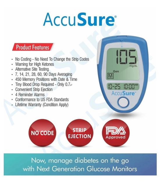 AccuSure Instant Digital Blood Glucometer Kit with 25 Strips,10 Lancet,1 Lancing device