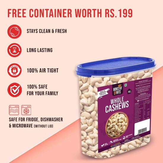 Ministry Of Nuts Whole Natural Cashew Nuts W320, 1kg | 100% Natural Premium Kaju | Nutritious, Delicious & Crunchy Kaju | Rich in Magnesium, Copper & Phosphorus | Cashew 1kg (Cashew 1kg)