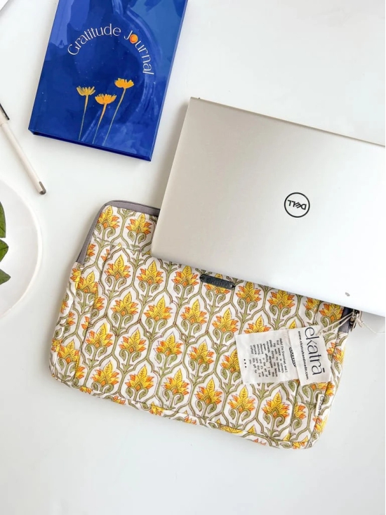 Sustainable Handmade Cotton Laptop Sleeve/Laptop Cover by Ekatra - Yellow motif