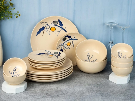 Handcrafted Stoneware Reactive Glaze Ceramic Dinner Set, 20 Pieces Serving for 6, Microwave and Dishwasher Safe, Bone-ash Free, Crockery Set for Dining and Gifting, Feather White