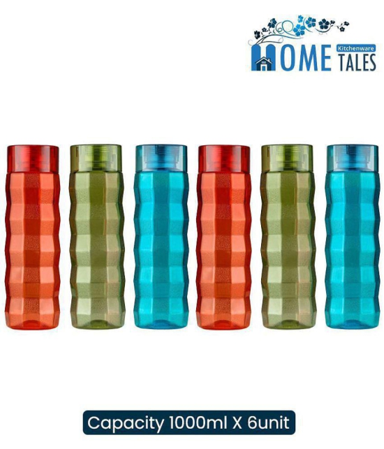 HOMETALES Multicolour PET Fridge Water Bottle (1000ml each), (6U), Checkered Pattern - Multicolour