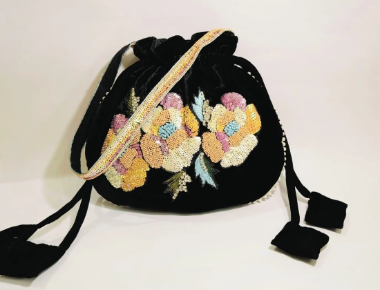 Black Velvet Beaded Floral Drawstring Bag