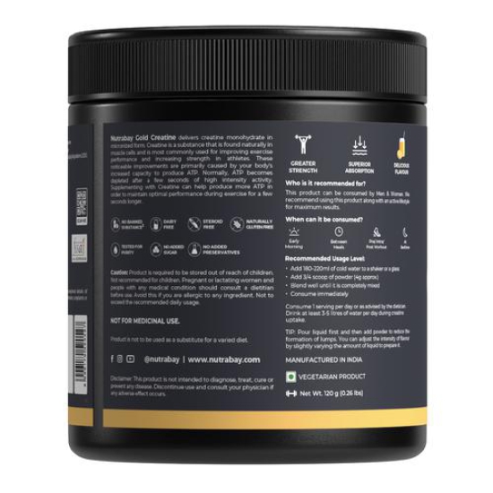 Nutrabay Gold Micronised Creatine Monohydrate Powder - 120g, Orange | NABL Lab Tested | 3g Creatine / Serving | Increases Muscle Mass, Strength & Power | Pre & Post Workout Supplement | For Men & Women