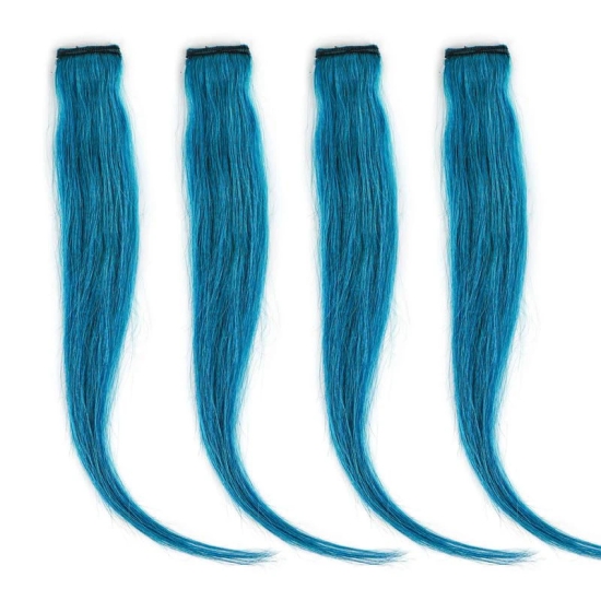 RefynHair - 100% Natural Human Hair Extensions Wigs | Teal Color Streax | 20 Inches | Pack of 4 | Streaks Highlighter For Women And Girls | Rainbow Color Hair Extensions for Festival Party