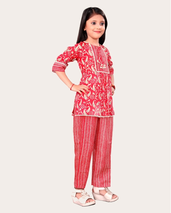 Girls Casual Kurta and Trouser Set-Red / 10 - 11 Years