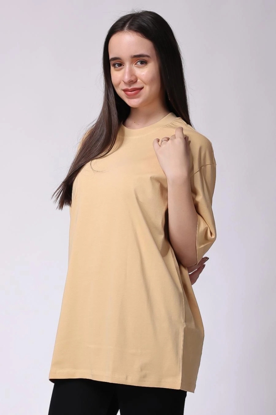 Womens Beige Plain Oversized Drop Shoulder T-Shirt-M / Beige