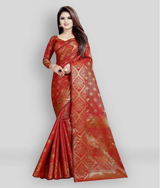 Gazal Fashions - Red Banarasi Silk Saree With Blouse Piece (Pack of 1)