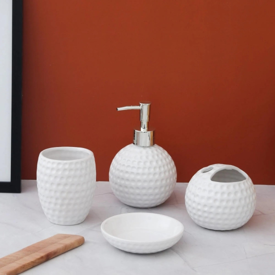 Doted Texture Ceramic Round Bathroom Set Of 4 Pcs-White