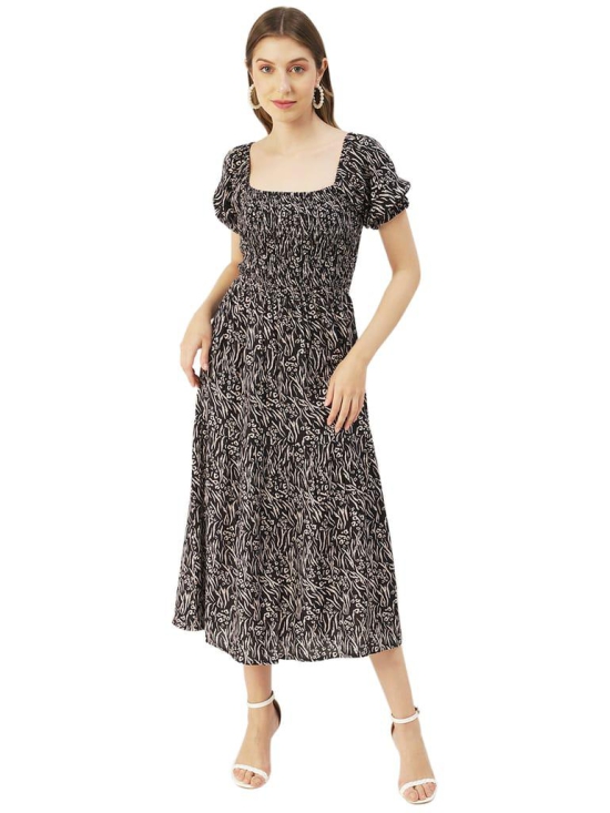 Moomaya Printed Viscose Rayon Summer Dress, Square Neck Smocked Long Dress