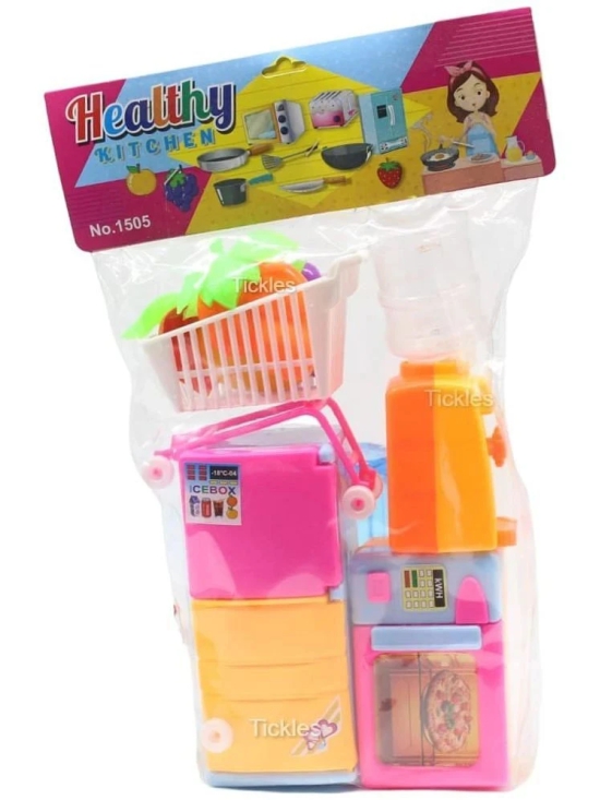 THRIFTKART - Princess Kitchen set 4 Pieces Mechanical Playset with Fridge Microwave Water Dispenser Shopping Trolley for Kids Girls Indoor Games (Not Battery Operated) (Color: Pink & Yellow)