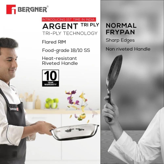 Bergner Argent Tri-Ply Fry Pan | Gas & Induction Compatible | Silver 20 cm