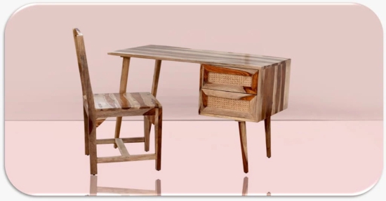 Jamani art craft study table of sheesham wood  with Chair ,for Living Dining Bedroom Natural Cane Woven Back and a Comfortable Cane seat