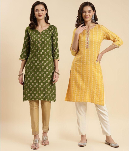 Rangita Rayon Printed Straight Womens Kurti - Green & Yellow ( Pack of 2 ) - None