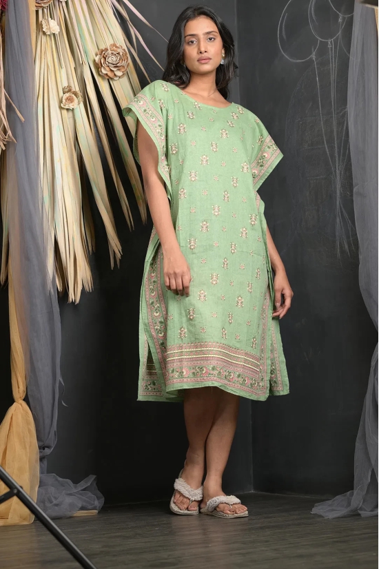 OWO THE LABEL Floral Print Light Green Color Kaftan With Designer Border (OTL-KFTN-1002)-Green / XL