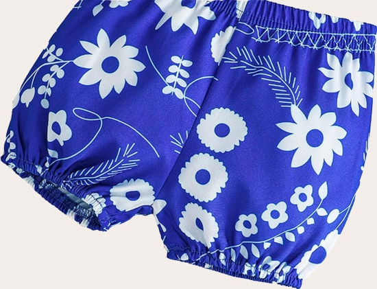 Girls One Shoulder Printed Crop Top & Shorts Set Kids Summer Clothes-Blue / 3 - 4 Years