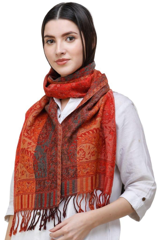 Mars-Red Reversible Jamawar Scarf from Amritsar with Woven Paisleys
