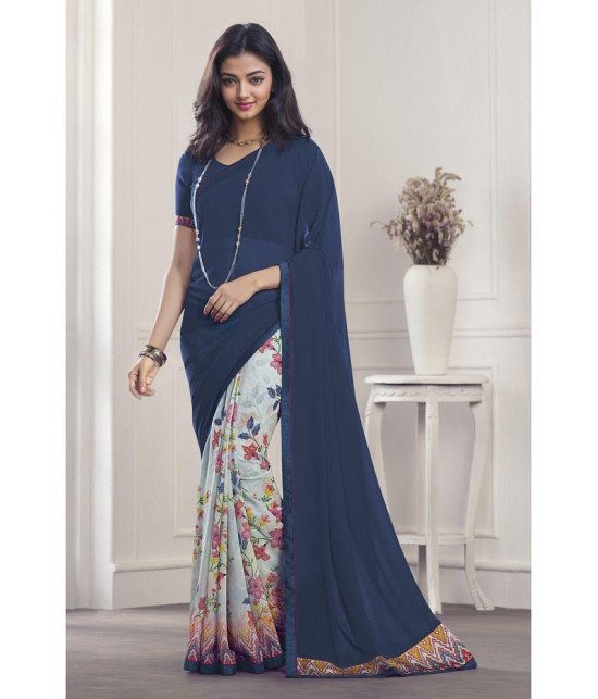 Rangita Half & Half Printed Georgette Saree With Lace Border & Blouse Piece - Navy Blue - Navy Blue