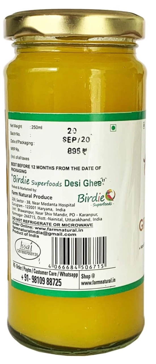 Birdie Superfoods -100% Pure A2 Gir Cow Desi Ghee Through Vedic Bilona Method (Glass Bottle- 250 ml x3 Plus 250 ml Free combo )