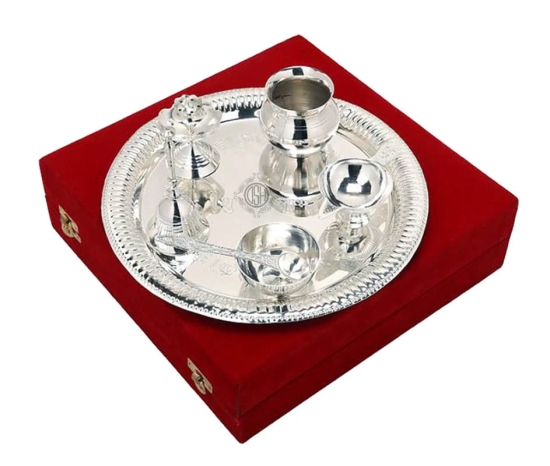 Pooja Thali Set silver plated of 7 Pcs with Velvet Gift Box Packing for Poojan Purpose Home Temple