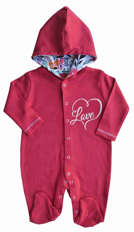 Coral Hoody Full Romper/Sleeper with Feet and Floral Printed Hood(100% Cotton)