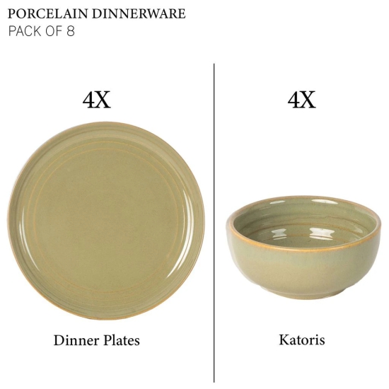 Handcrafted Chip Resistance Porcelain Dinner Set, 8 Pieces Serving for 4, Microwave and Dishwasher Safe, Bone-ash Free, Crockery Set for Dining and Gifting, Olive Green