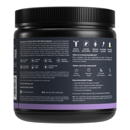 Nutrabay PRO BCAA 8:1:1 with Electrolytes - 7g Vegan BCAAs, 1000 mg Electrolytes - Intra/Post Workout Energy Drink - 250g Guava Punch