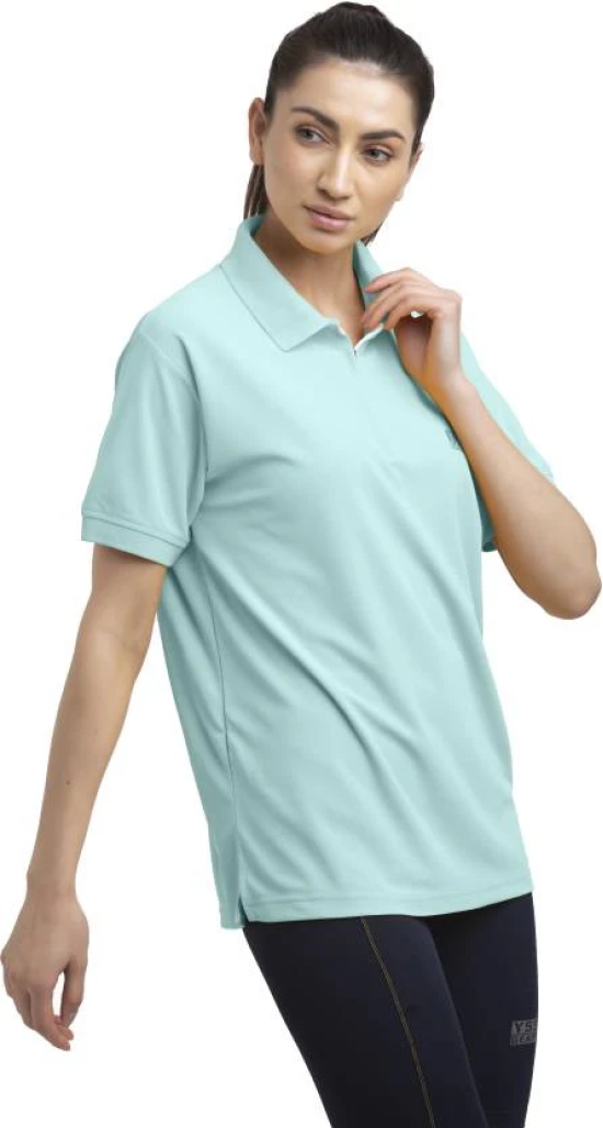 Women Solid Zip Neck Polyester Light Blue T-Shirt