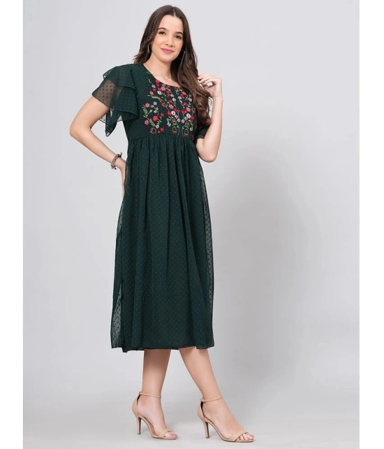 JC4U Crepe Embroidered Midi Womens Fit & Flare Dress - Green ( Pack of 1 ) - None