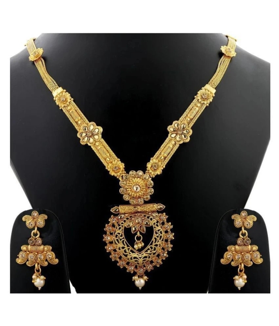 Silver Shine Gold Plated Traditional Long Necklace Set with Pearl Drop and White Stone Studded Jewellery for Women and Girls - Golden