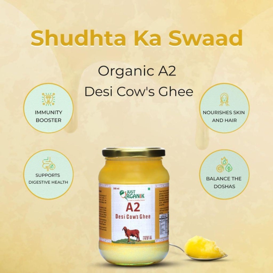 JUST ORGANIK, A2 Desi Cow Ghee 500ml | Lab Tested | 100% Organic | Glass Jar for Longer Shelf Life