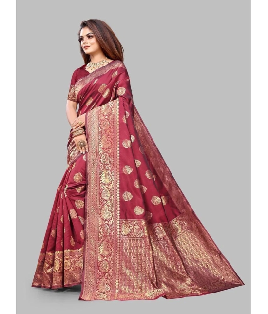 Gazal Fashions Banarasi Silk Embellished Saree With Blouse Piece - Maroon ( Pack of 1 ) - Maroon