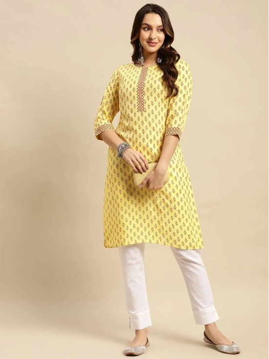 Rangita Women Rayon Yellow Buta Printed Knee Length Straight Kurti - None