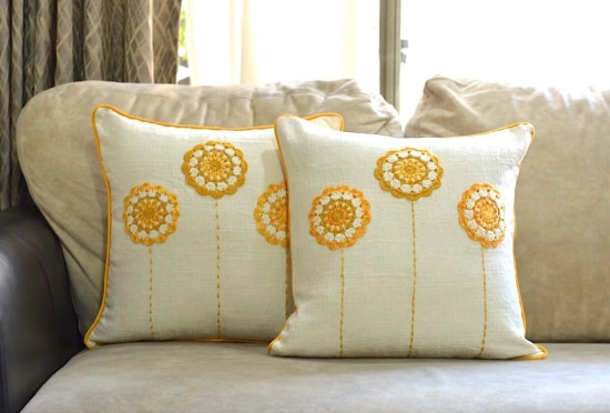 Cotton Linen Crochet Sunflowers Cream Color Cushion Cover - 16”x16” Size