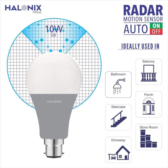 Halonix Radar 10W B22 Cool day white Motion Sensor Led Bulb, Auto on-Auto off, Pack of 1, White