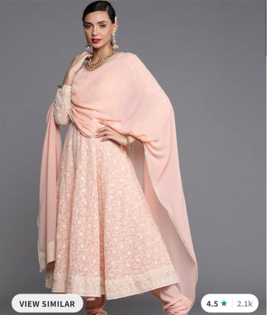 Women Pink Floral Embroidered Panelled Chikankri Kurta with Churidar & With Dupatta-S