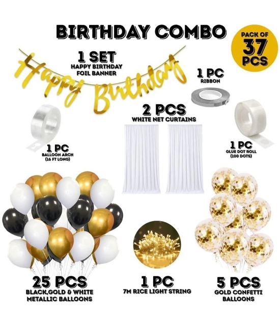 Zyozi Birthday Decorations Set | Birthday Decorations Kit - Birthday Banner, Black-White-Gold Balloons, Confetti Balloons, Rice Light, Glue Dot ( Pack Of 37) - Black