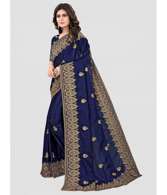 Om Shantam Sarees - Navy Blue Silk Blend Saree With Blouse Piece ( Pack of 1 ) - Navy Blue