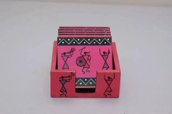 Tisser Wooden Warli handpainted Coaster Set-up 6/ 4x4