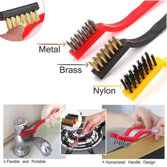 MANNAT Mini Plastic Gas Stove Cleaning Tool Kit Wire Brush Set Brass Nylon Stainless Steel Bristles Household Cleaning Brush for Gas Stove Burner Car Kitchen Tiles Tap Cleaning Tool(Set of 1)