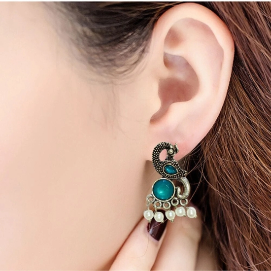 Earrings For Women Oxidised Silver Peacock Shape Jhumki Earrings For Girls And Women (Blue)